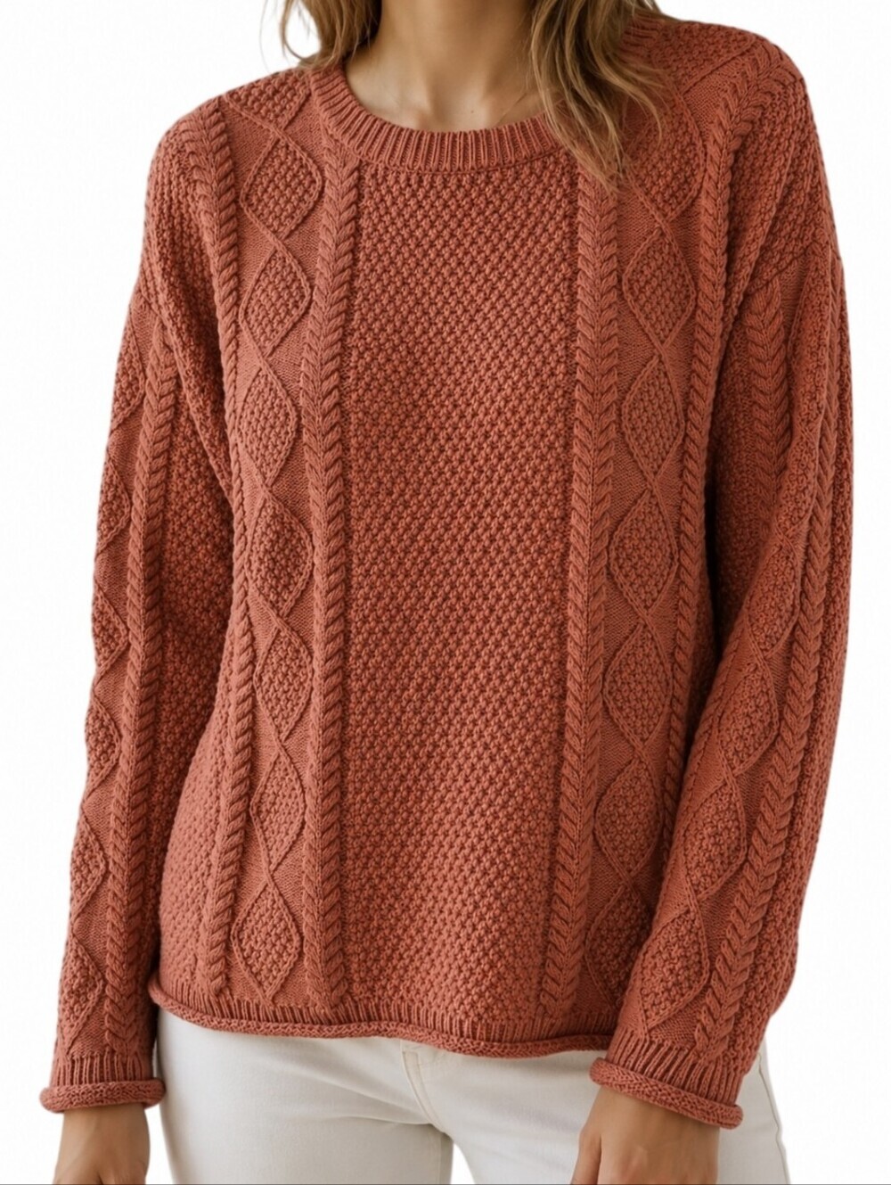 Tradlands Modern Fisher Sweater Women Medium Rust Cotton Cable Knit